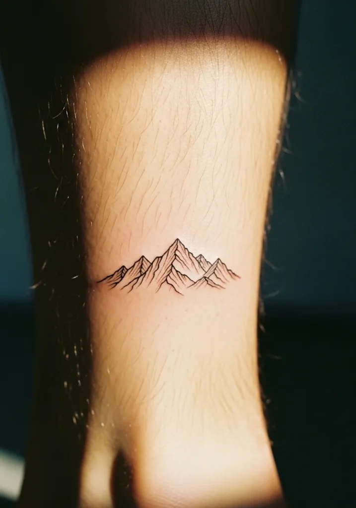 Minimalist mountain range tattoo on lower leg
