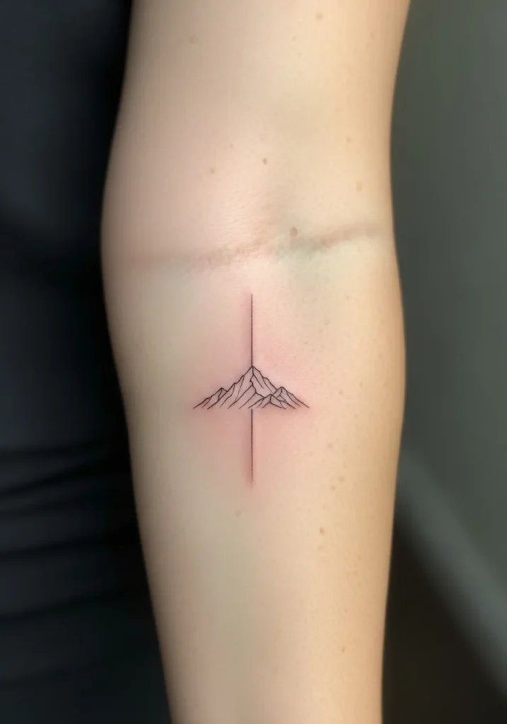 Geometric framed mountain realism tattoo on arm