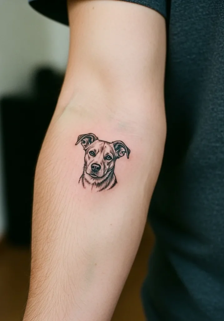 Lifelike small dog portrait tattoo on arm