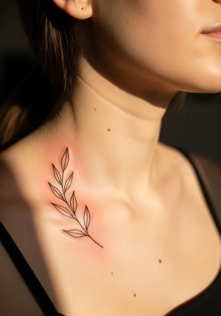 Delicate fine line leaf branch tattoo above collarbone