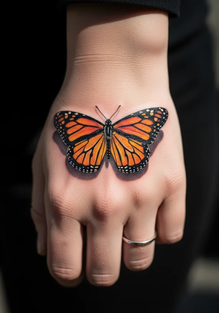Vibrant monarch butterfly realistic tattoo on hand