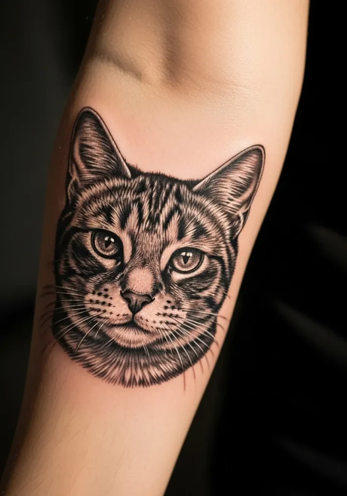 Micro realism cat portrait tattoo on inner forearm