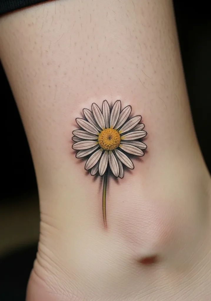 Delicate daisy botanical realistic tattoo above ankle