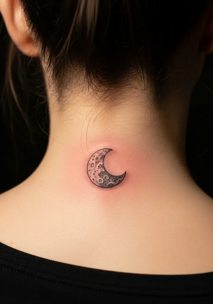 Realistic shaded crescent moon tattoo on nape of neck