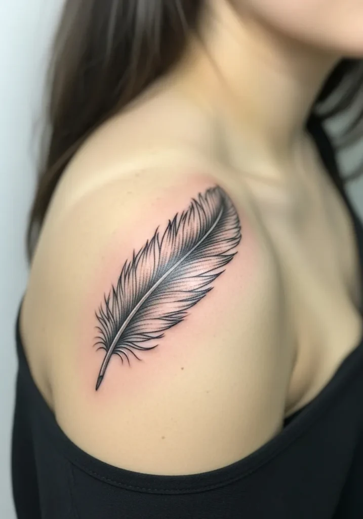 Weightless feather realistic tattoo curving across shoulder blade