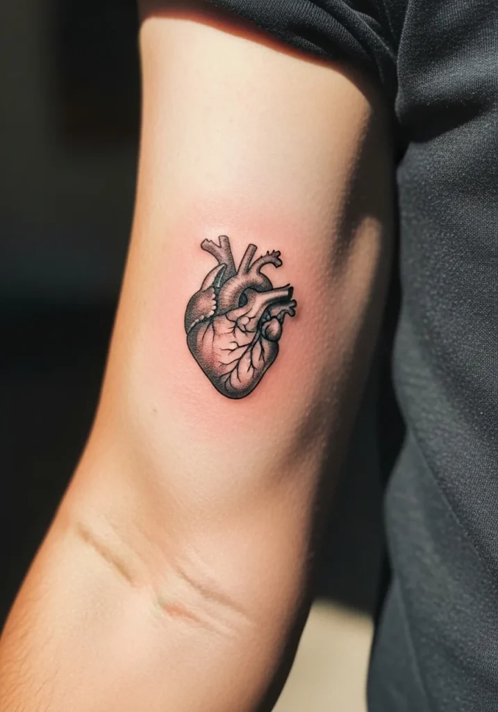 Detailed anatomical heart minimal realism tattoo on inner arm