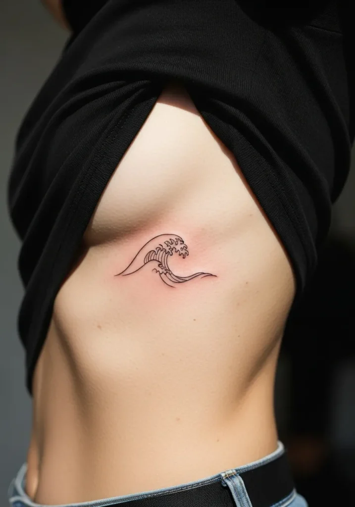 Realistic single ocean wave tattoo on ribcage