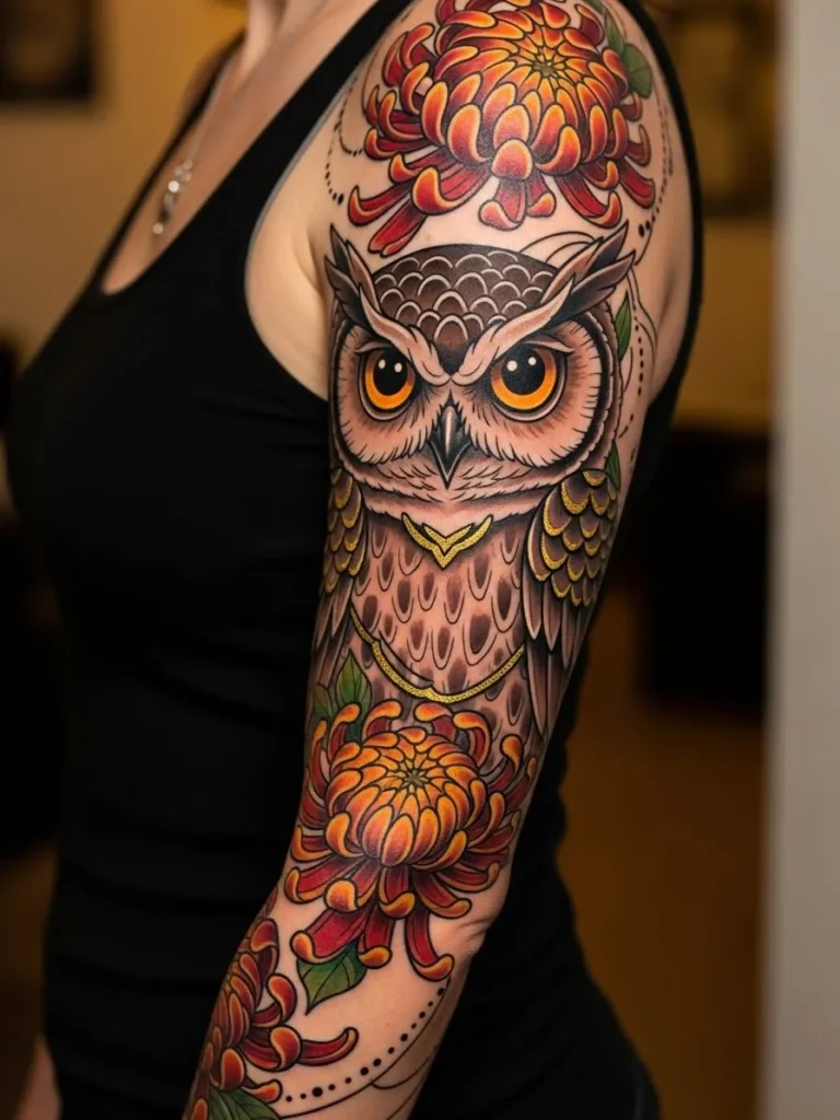 Owl and Chrysanthemum Neo Traditional Sleeve