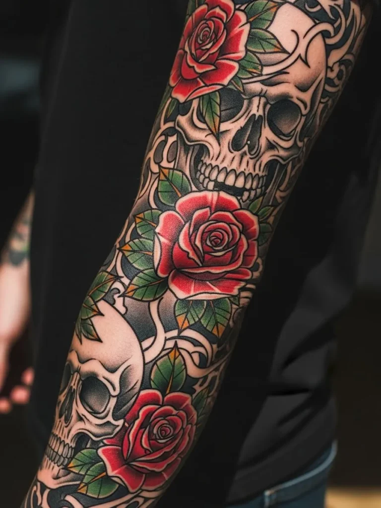 Skull and Rose Neo Traditional Sleeve