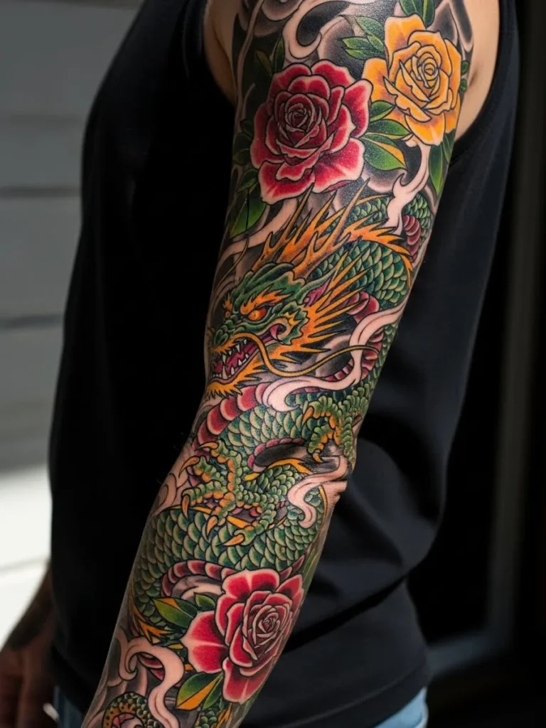 Dragon and Rose Neo Traditional Sleeve