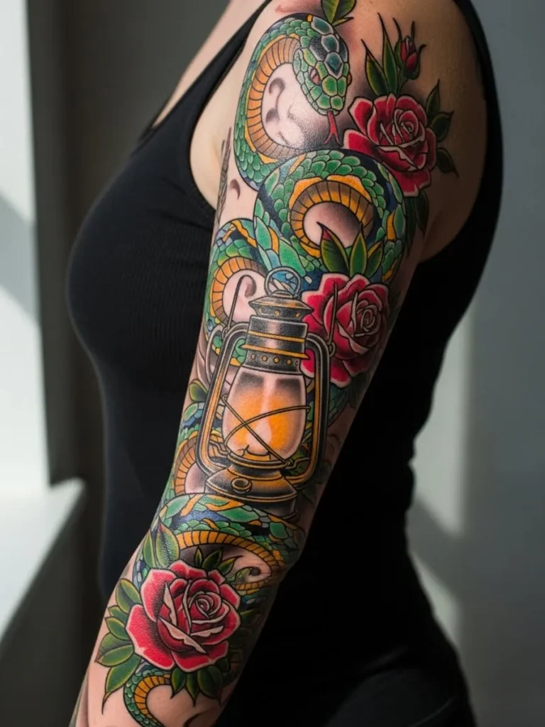 Serpent and Lantern Neo Traditional Sleeve
