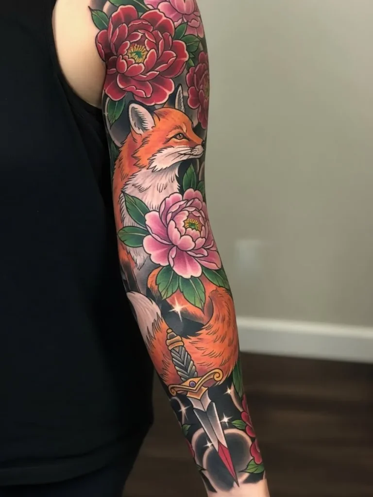 Fox and Peony Neo Traditional Sleeve