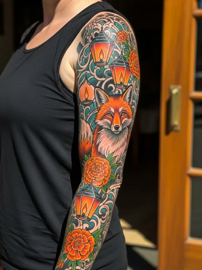 Fox and Lantern Neo Traditional Sleeve
