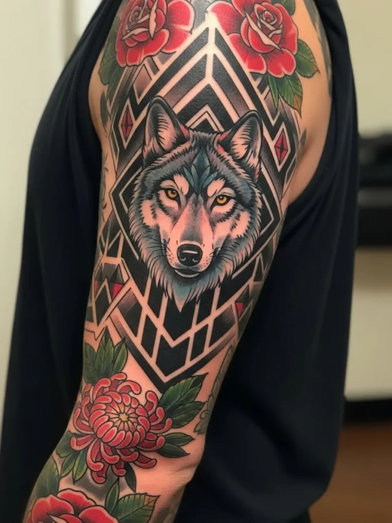 Wolf and Geometric Neo Traditional Sleeve