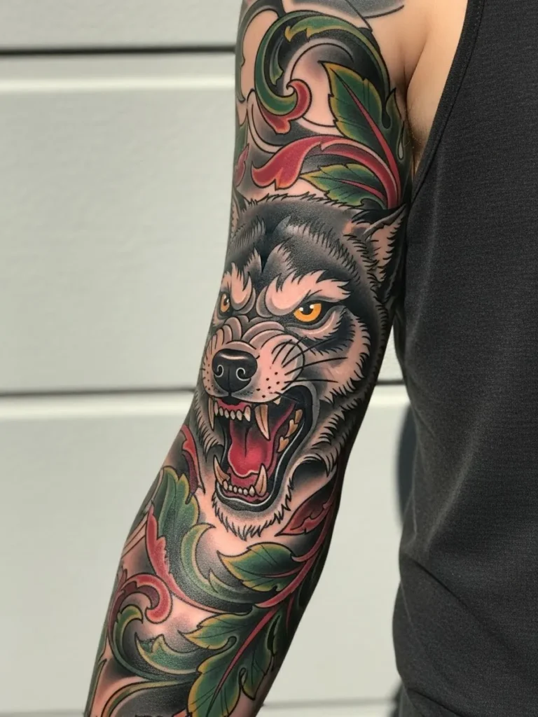 Snarling Wolf Neo Traditional Sleeve