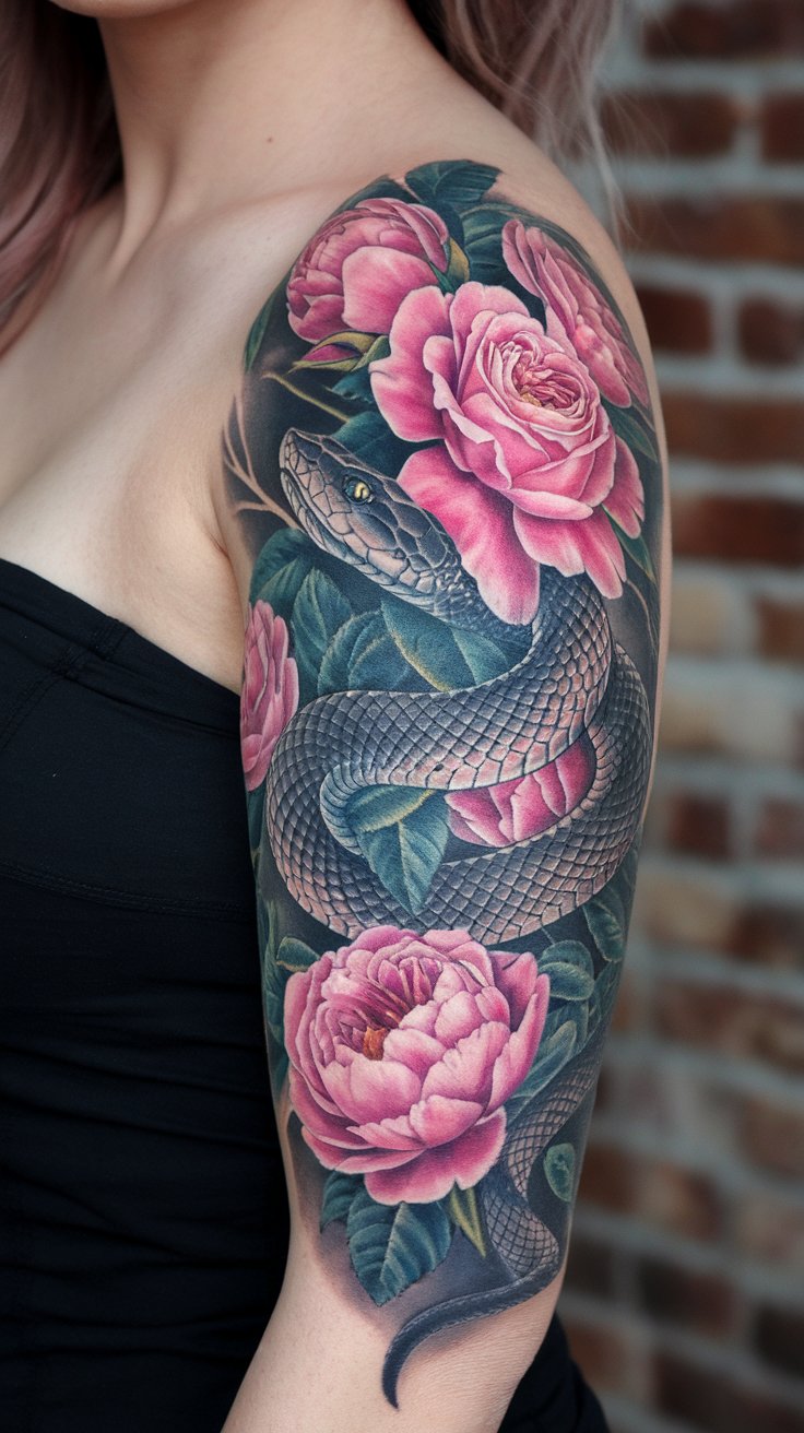 Coiled Viper and Pink Peonies Half Sleeve Tattoo Neo Traditional Tattoo Sleeve Ideas
