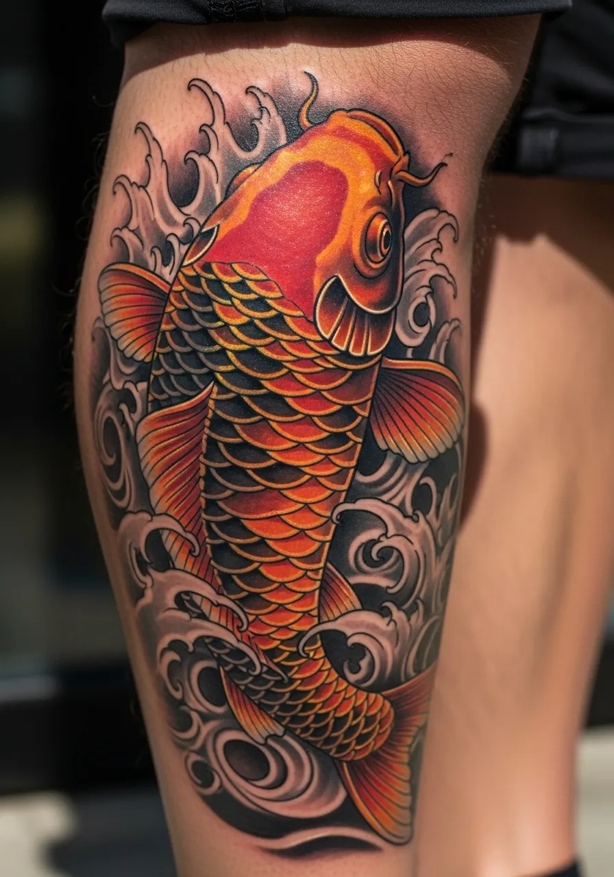 Japanese Orange Koi Fish and Cresting Waves Calf Tattoo Neo Traditional Tattoo Sleeve Ideas