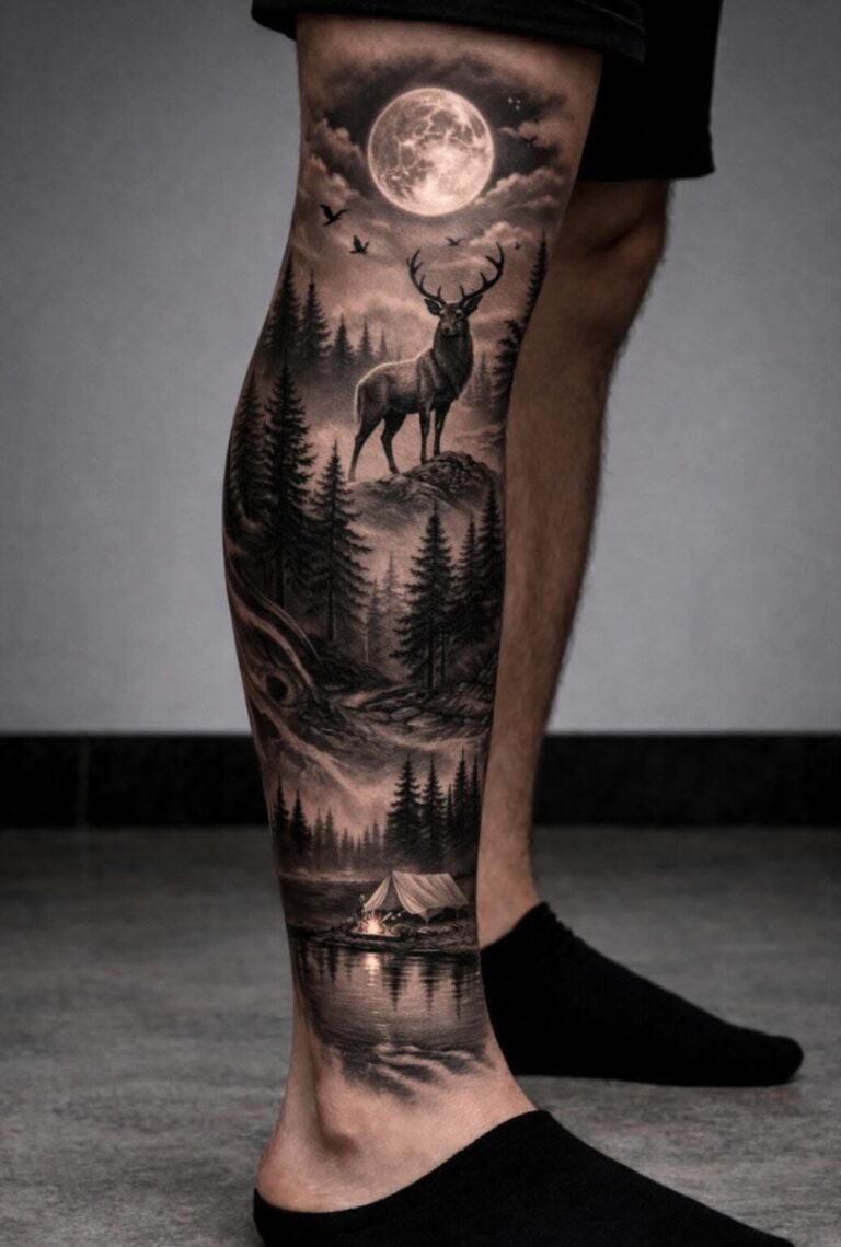Mountain Stag Under Full Moon Forest Leg Sleeve Tattoo Neo Traditional Tattoo Sleeve Ideas