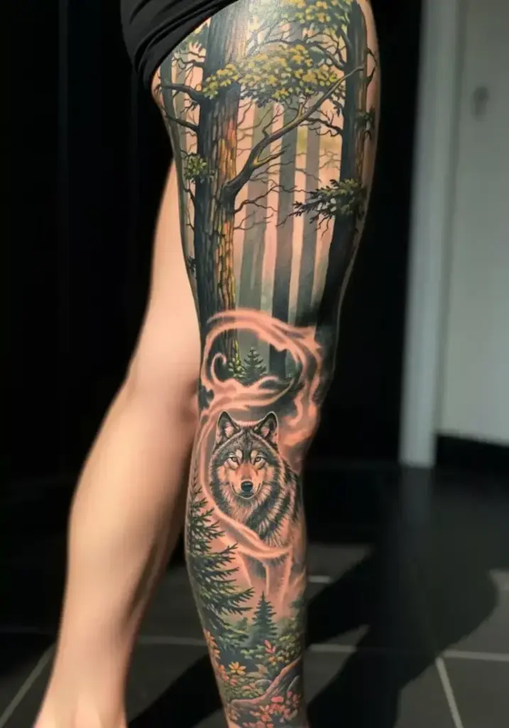 Serene Wolf and Pine Forest Full Leg Sleeve Tattoo Neo Traditional Tattoo Sleeve Ideas