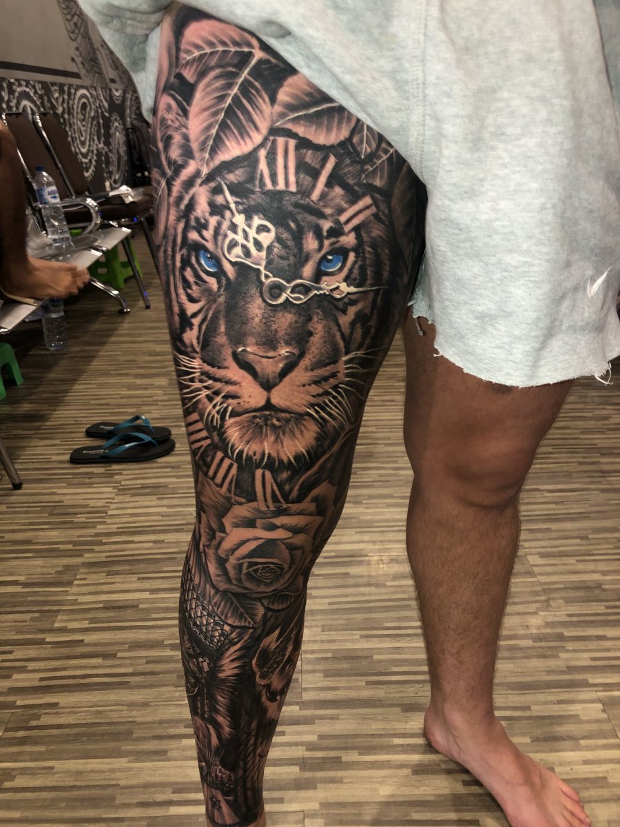 Tiger and Roman Numeral Clock Full Leg Sleeve Tattoo Neo Traditional Tattoo Sleeve Ideas