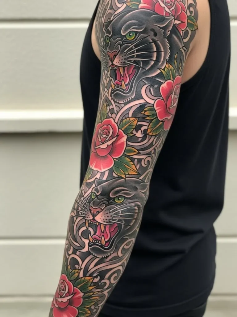 Black Panther and Rose Neo Traditional Sleeve