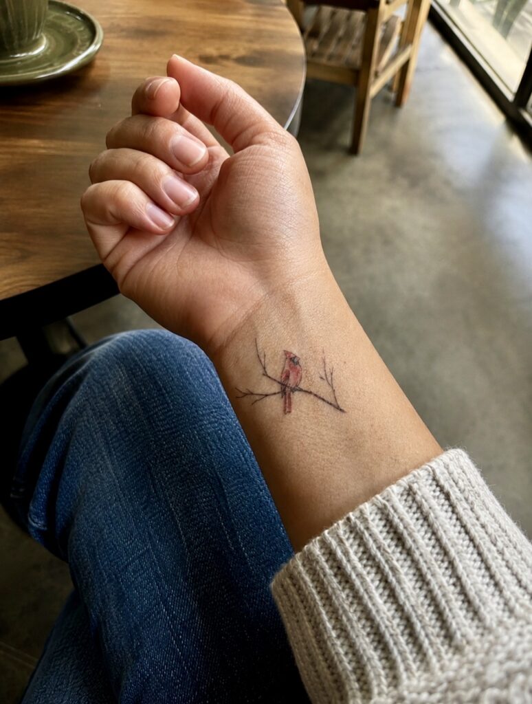 Fine line red cardinal perched on bare branch tattoo on inner wrist, grief memorial tattoo for mother