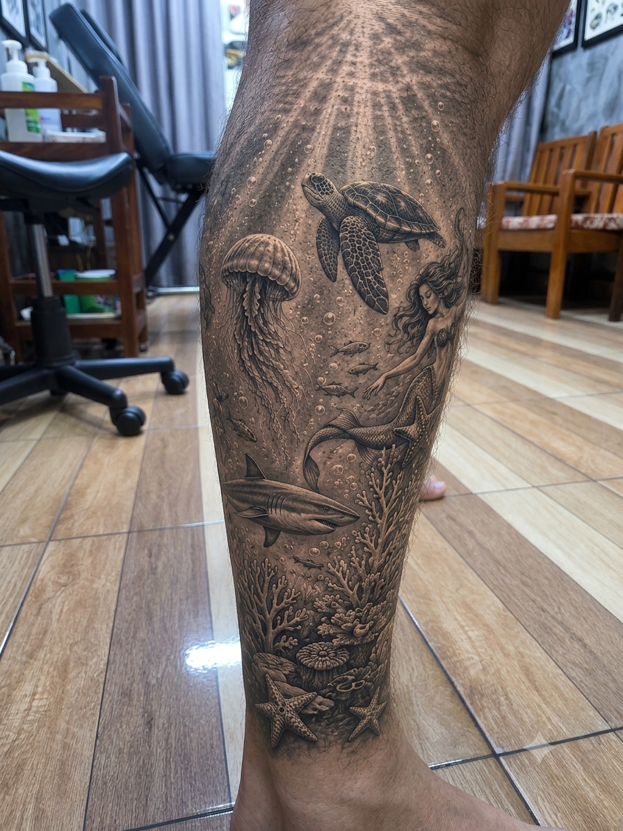 Grizzly Bear Forest Leg Sleeve Tattoo Leg Sleeve Realism Tattoos