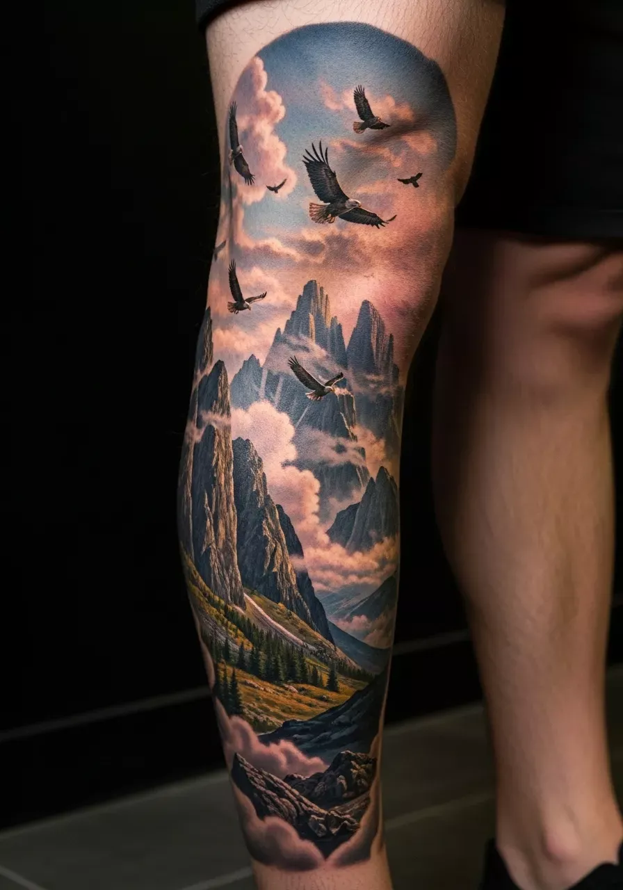 Wild Horse Desert Sunset Leg Sleeve Tattoo Leg Sleeve Realism Tattoos
