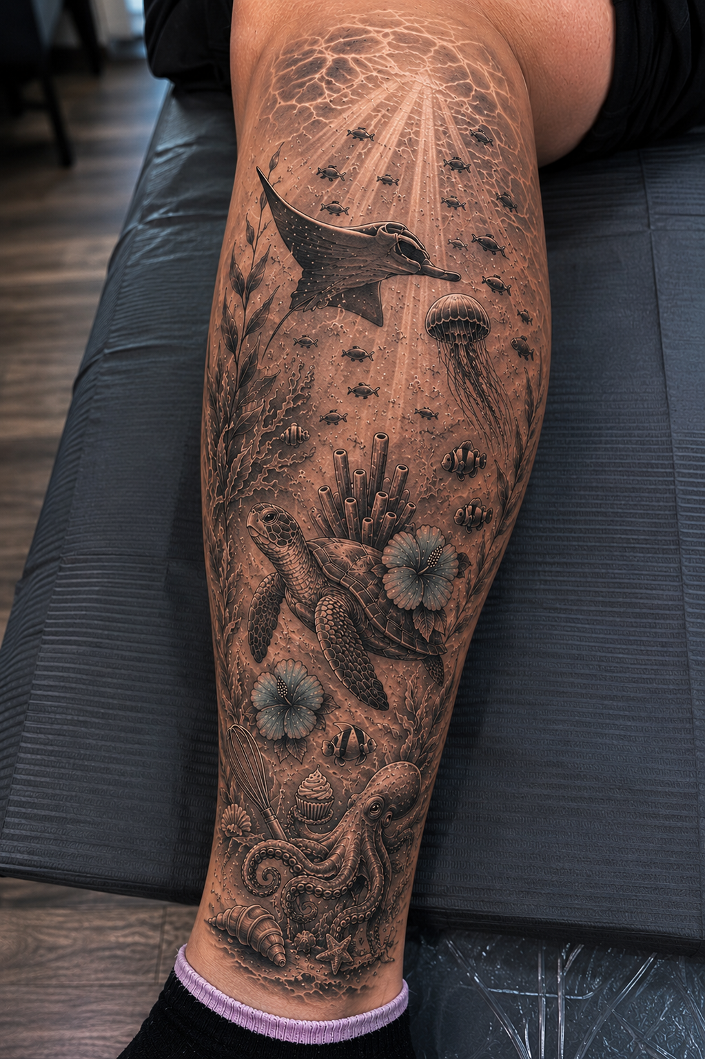 Pirate Ship in a Storm Leg Sleeve Tattoo Leg Sleeve Realism Tattoos