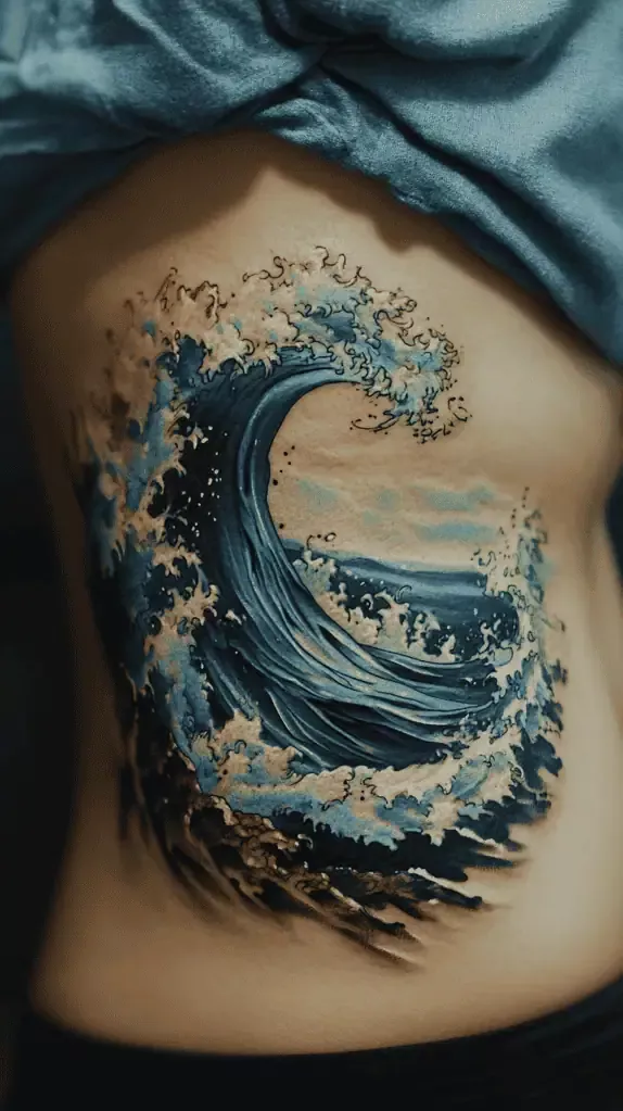 Ocean Wave Curving the Ribcage Tattoo Small Realism Tattoo Ideas