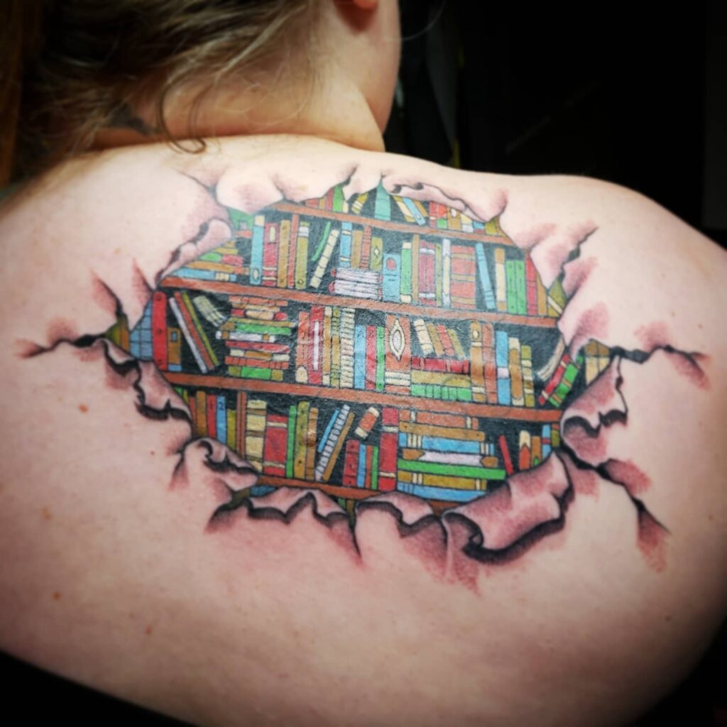 Colorful Bookshelf Hair Portrait Tattoo