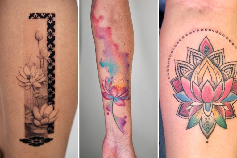 Aesthetic lotus flower tattoo ideas meaning and delicate ink ideas collage