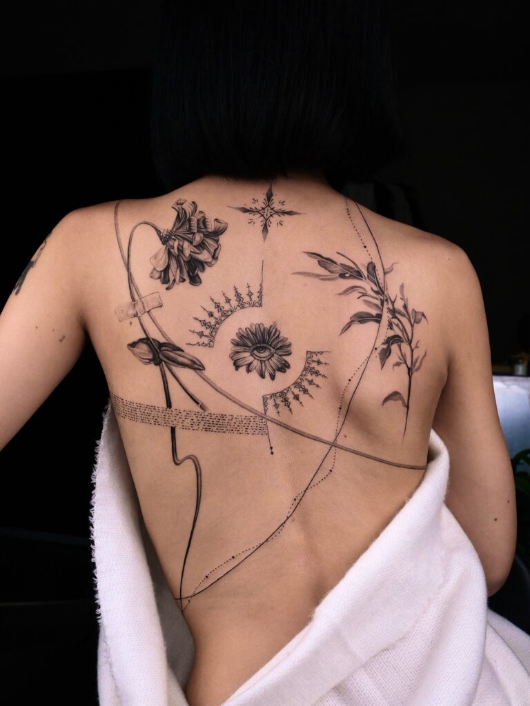 Red Peony And Script Back Tattoo