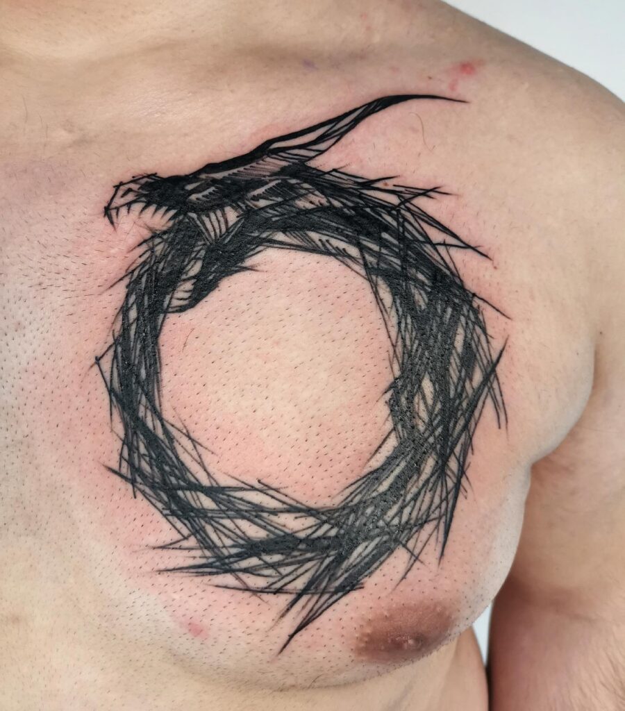 Geometric Tech-Inspired Ouroboros Tattoo
