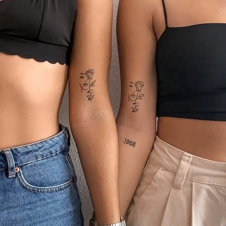 Abstract Face and Rose Line Art Tattoos for Best Friends matching best friend tattoos tattoo