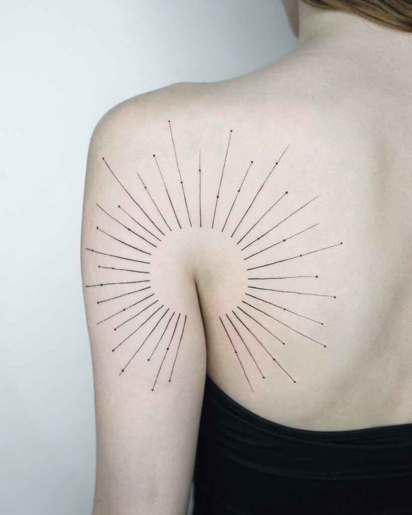 Abstract Linear Sunburst Shoulder Tattoo sun tattoos tattoo