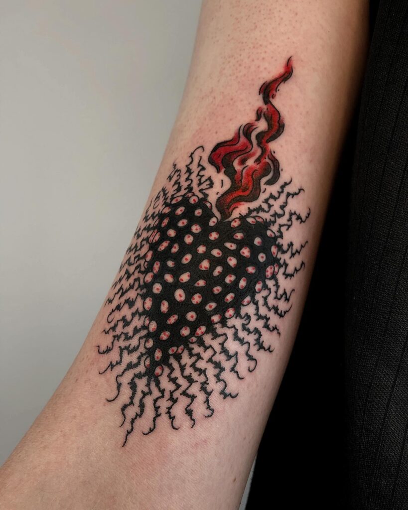 Minimalist Sacred Heart with Crown of Thorns and Flame sacred heart tattoo ideas tattoo