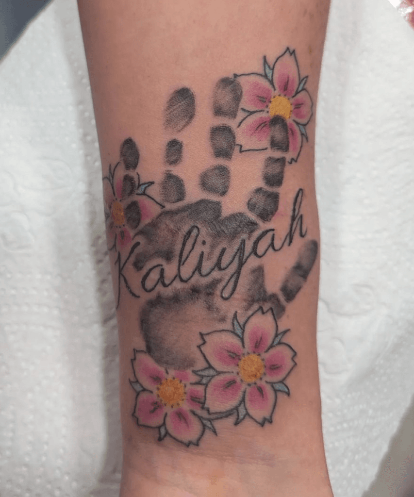 Actual Footprint with Cherry Blossoms kids name tattoo