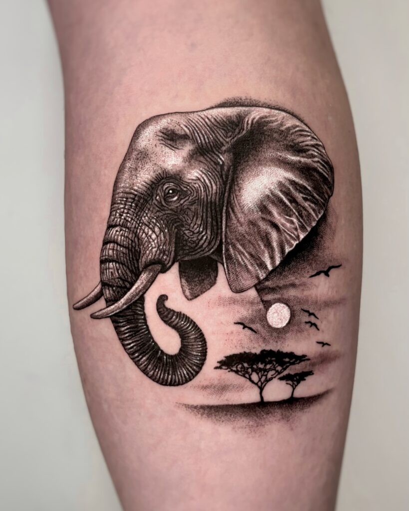 Majestic elephant with African savannah scene