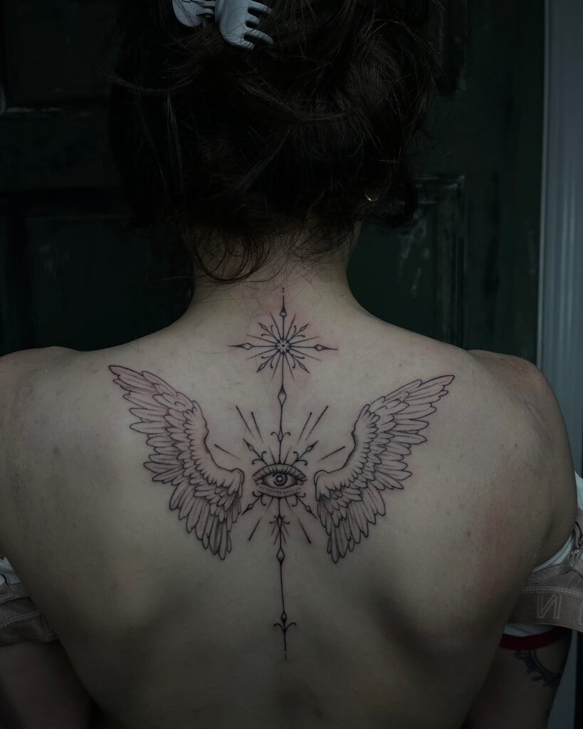 All-Seeing Eye with Angel Wings and Radiant Symbols Tattoo angel wings tattoo ideas on back tattoo