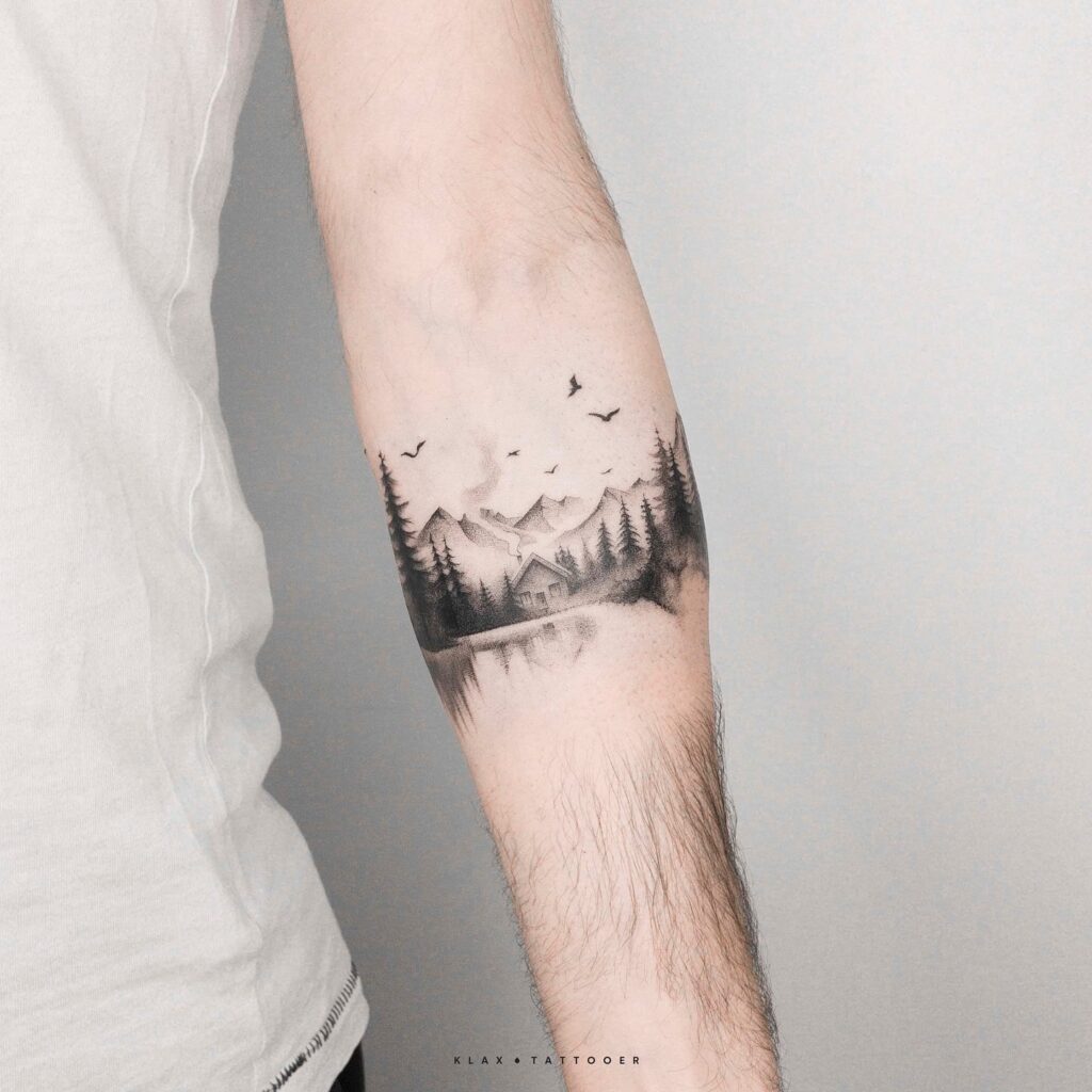 Alpine Cabin in Quiet Evergreen Forest nature scene tattoo