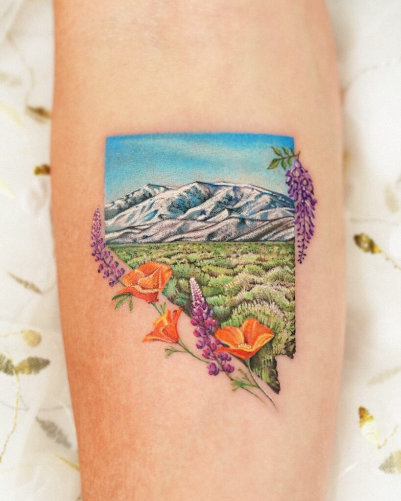 Alpine Peaks Surrounded by Wildflower Meadows nature scene tattoo