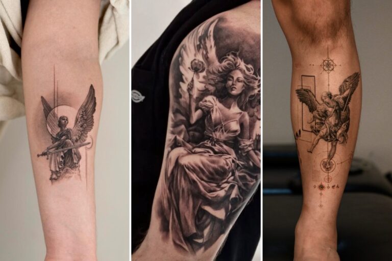 Aesthetic angel tattoo ideas and delicate ink ideas collage