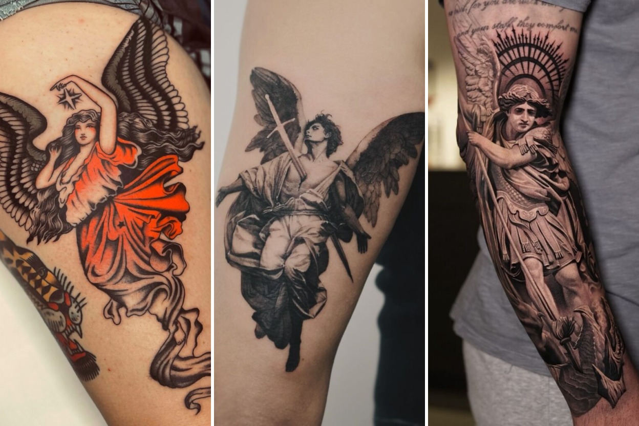 Aesthetic angel tattoo ideas and delicate ink ideas collage
