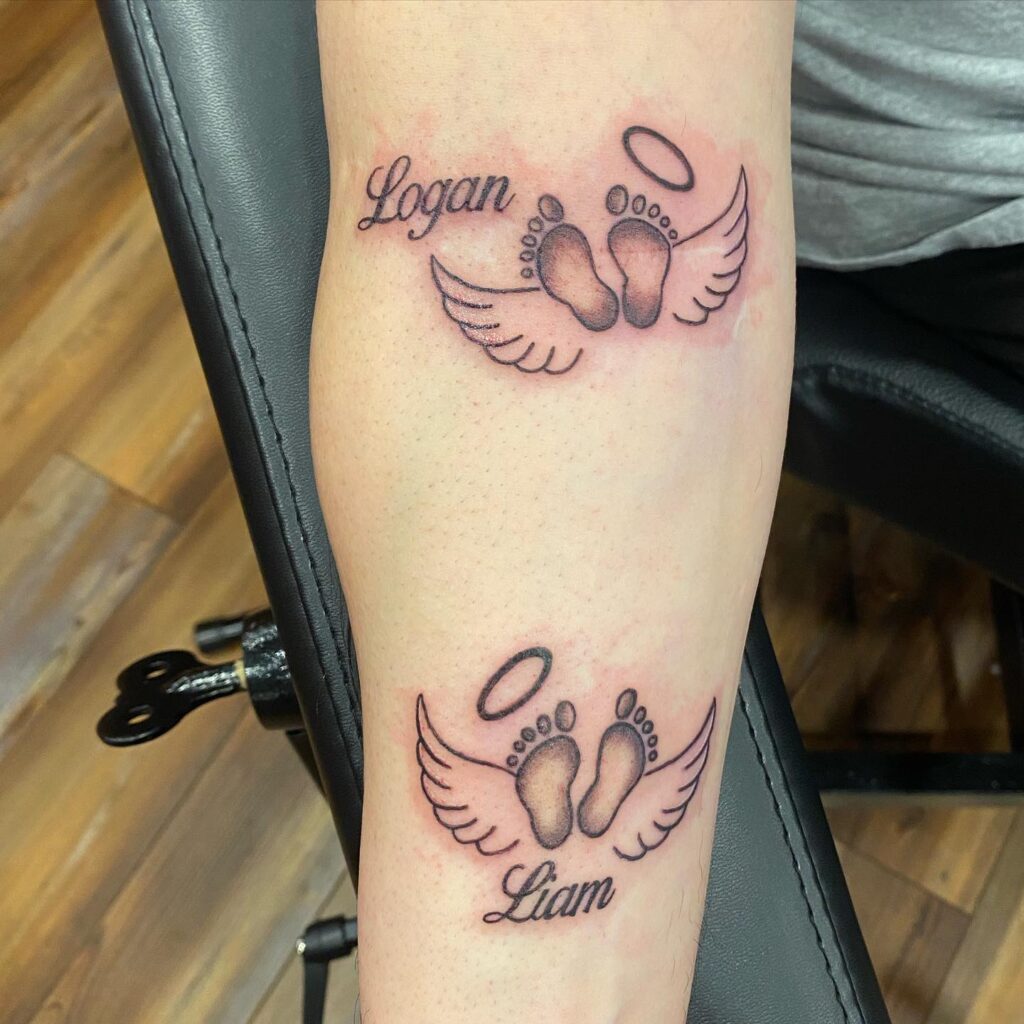 Angel Wings and Footprints with Names grandchildren tattoos for grandparents tattoo