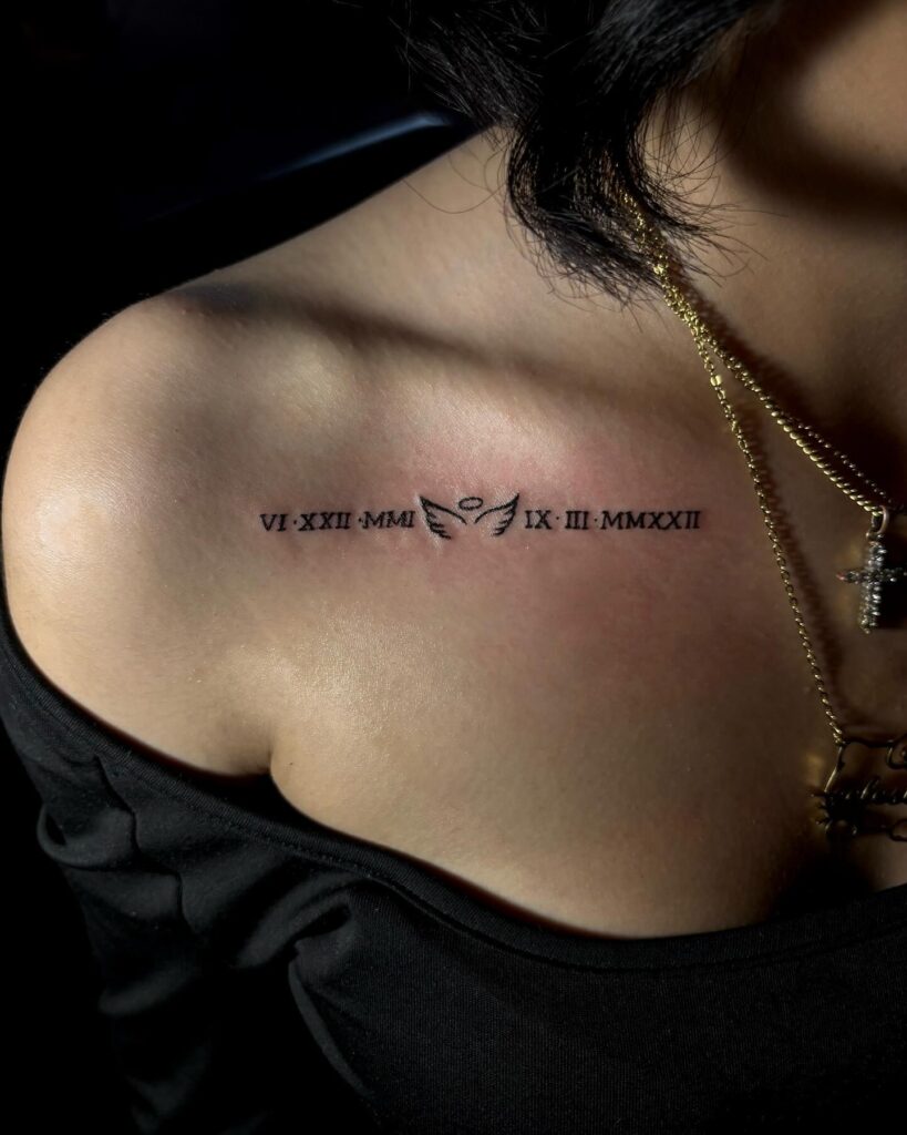 Roman Numerals and Rose Collarbone Tattoo roman numerals tattoos tattoo