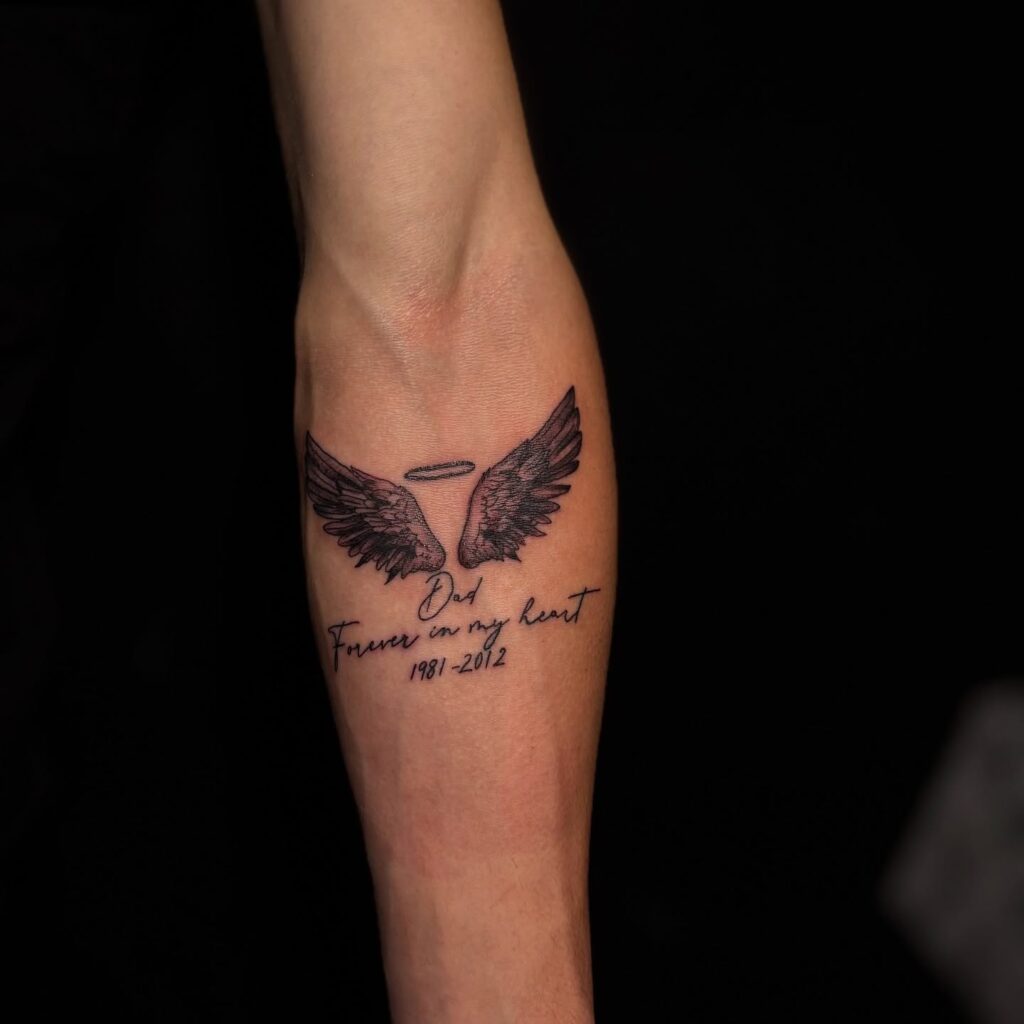 Angel Wings Dad Memorial Tattoo with Dates dad memorial tattoos tattoo