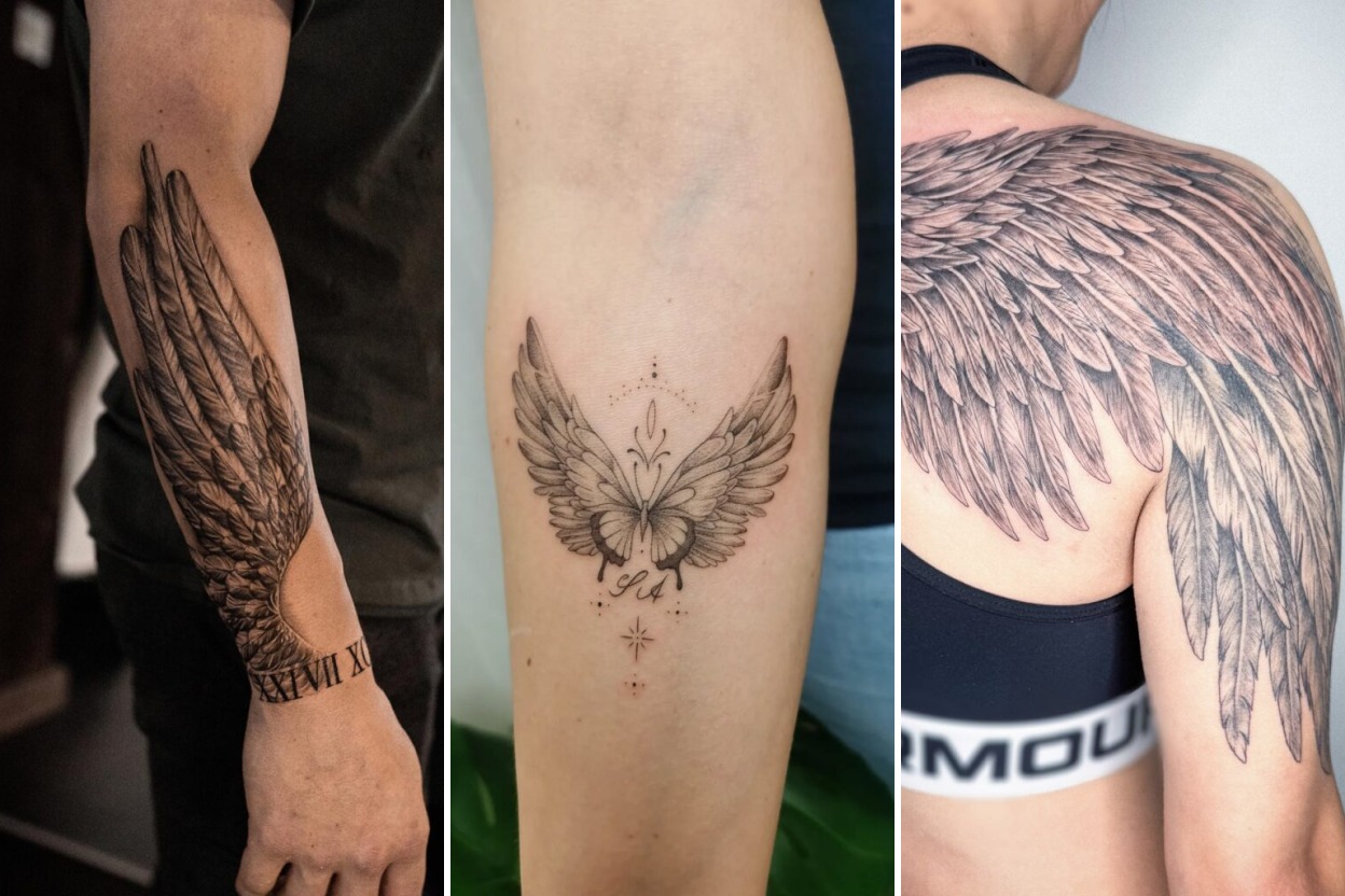 Aesthetic angel wings tattoo ideas and delicate ink ideas collage