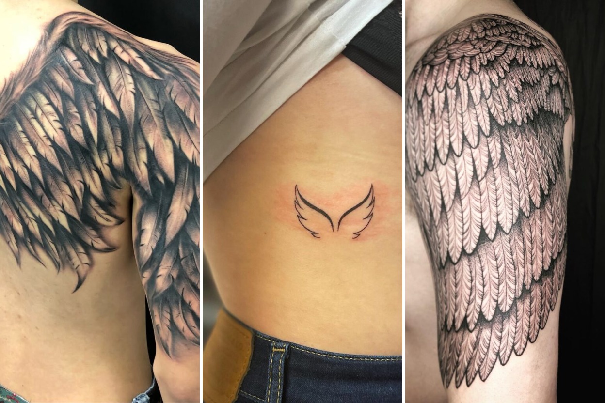 Aesthetic angel wings tattoo ideas and delicate ink ideas collage