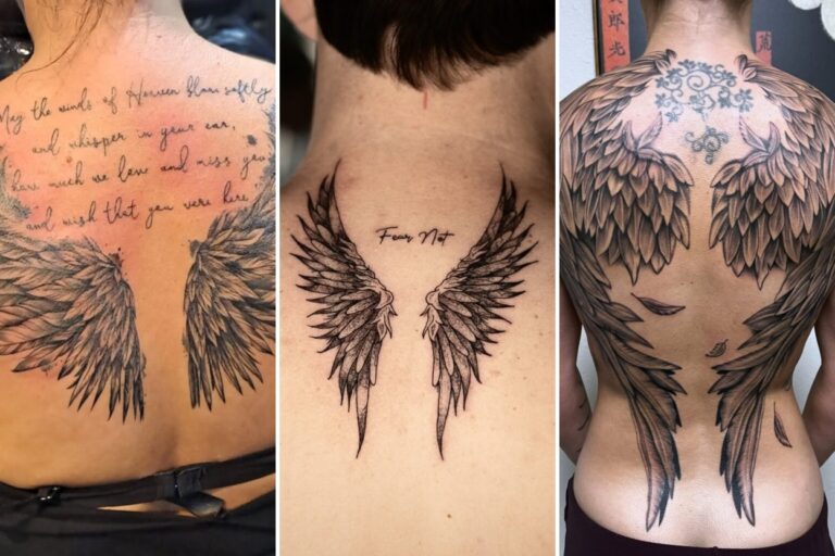 Aesthetic angel wings tattoo ideas on back and delicate ink ideas collage